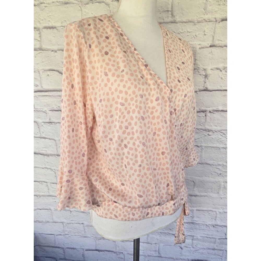 LC Lauren Conrad Blouse Polka Dot Wrap Shirt Top Size Medium Peach 3/4 Sleeves